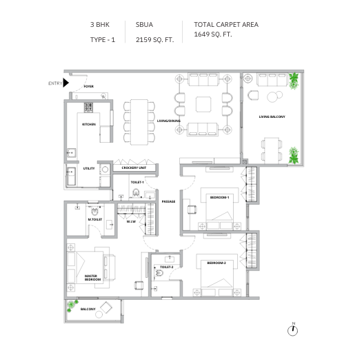 3 BHK Type 1 Floor Plan